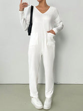 V-Neck Solid Color Casual Long Sleeve Jumpsuit With Pockets